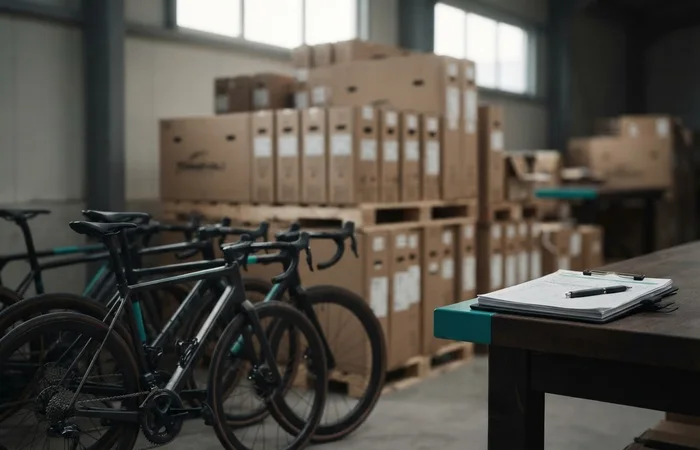 Vélos alignés devant des cartons empilés, avec une feuille d’inventaire sur un porte-bloc.