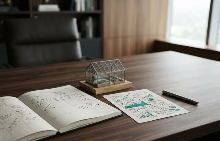 Calendrier papier ouvert, modèle de serre et feuille de relevé sur un bureau.
