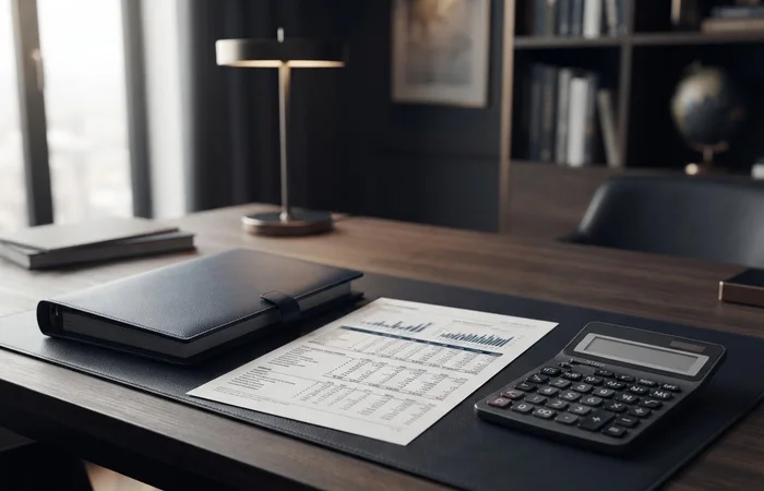 Échéancier imprimé entre un classeur fermé et une calculatrice.