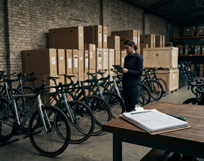 Vélos alignés devant des cartons empilés, avec une feuille d’inventaire sur un porte-bloc.